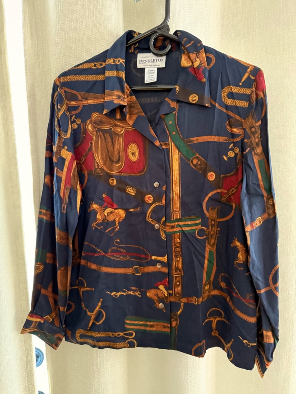 Vintage Pendleton Navy Shirt with Gold-Brown Equestrian Print